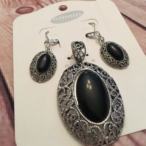New genuine stone pendant earrings set silver tone